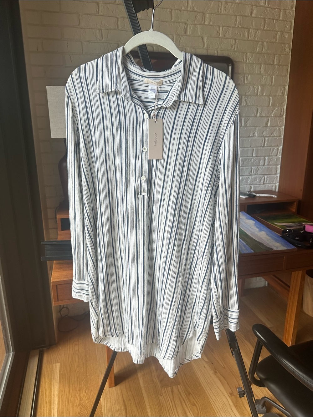 Eberjey White Sleep Shirt with Navy Vertical Stripes